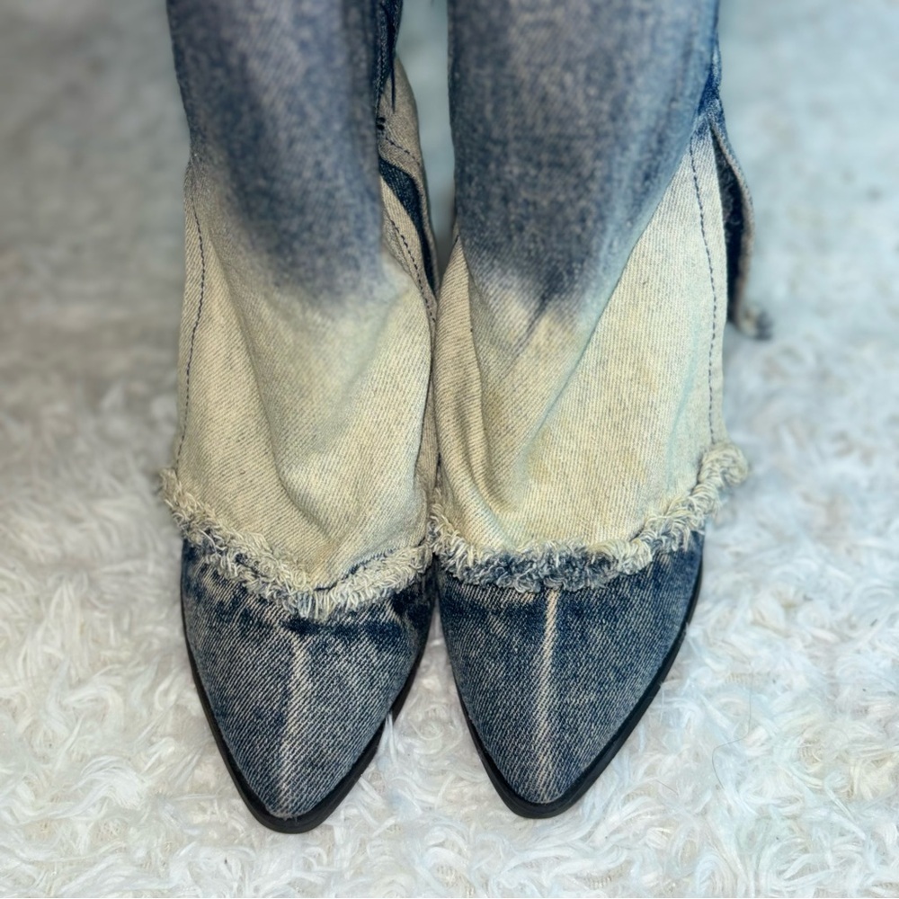 Denim Knee-High Boots | Distressed Two-Tone Jean Boots | Size 8